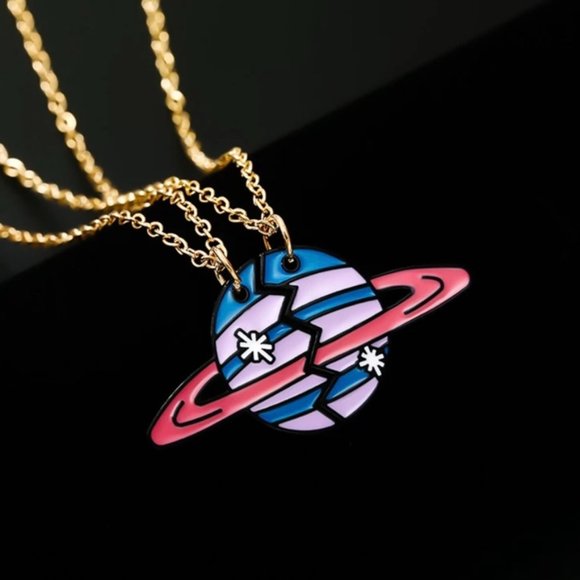 BFF Friend necklaces 2 halves of a ringed Planet like Mars - Picture 2 of 6